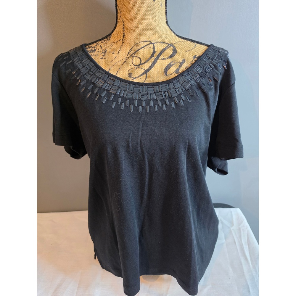 Westbound Black Beaded Sequin Scoop Neck Cotton Short Sleeve Top Large